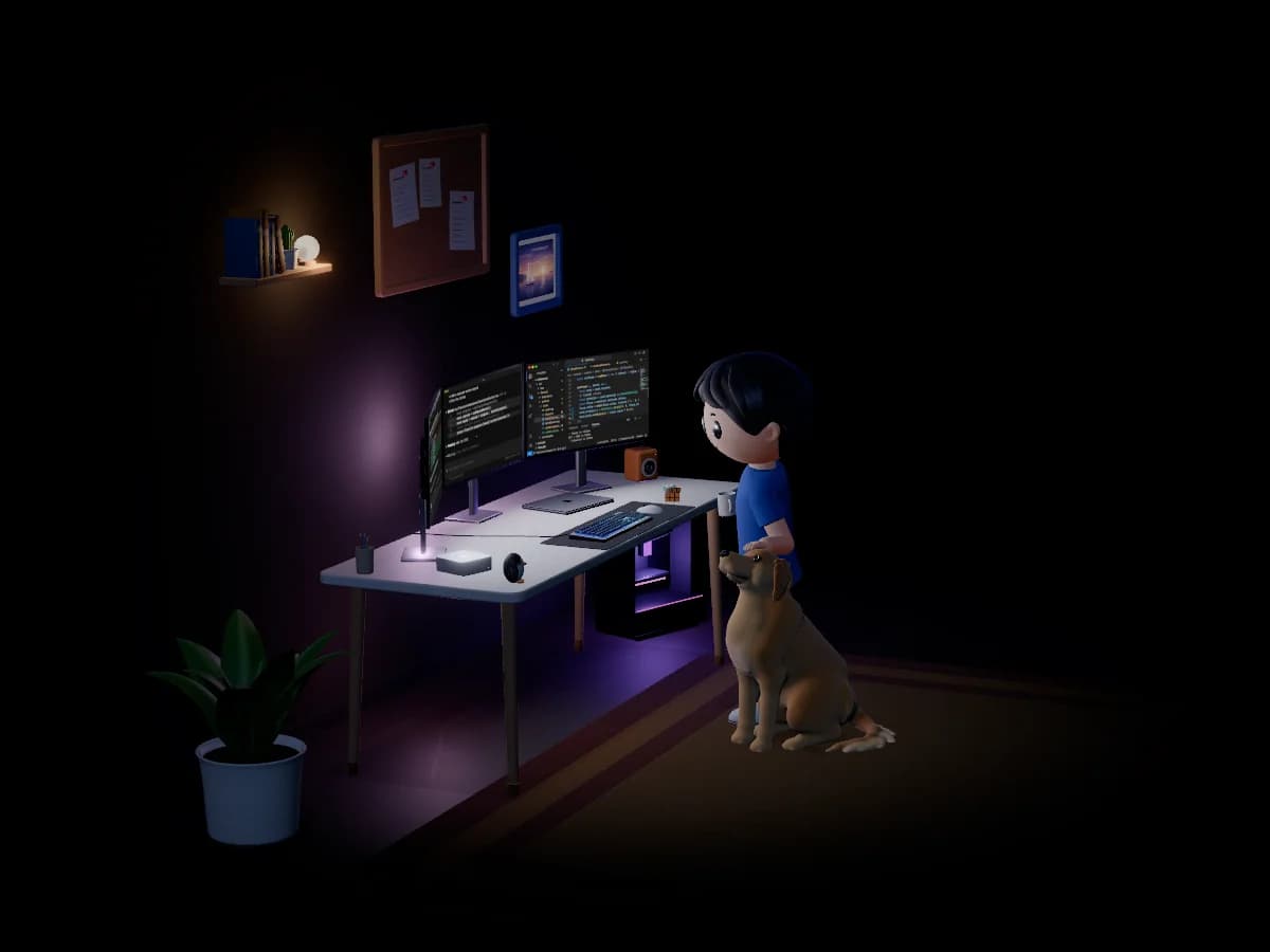 Edison standing beside his desk at night with a mug of coffee, petting his golden retriever and looking at code on his three monitors.