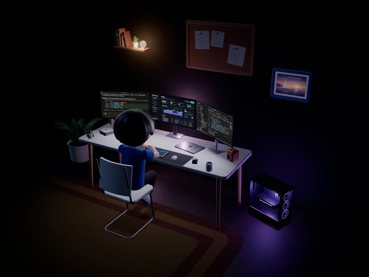 Edison at his desk at night, typing in front of three glowing monitors, with an RGB PC tower beside the desk.